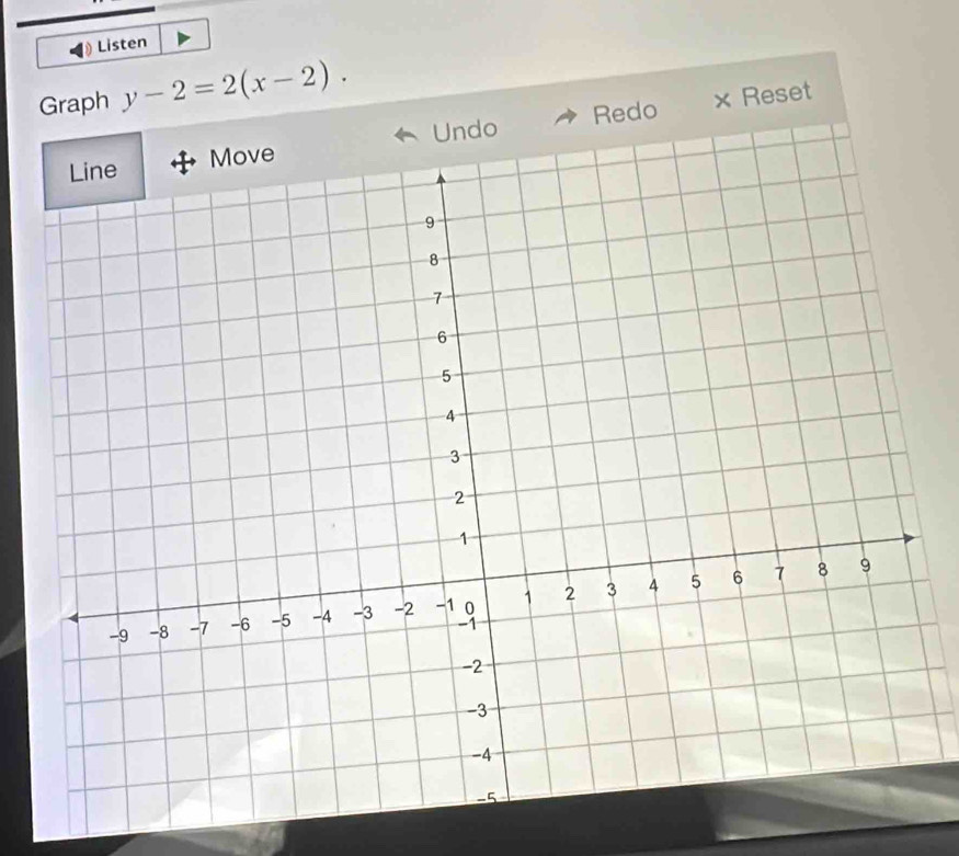 Listen 
Graph y-2=2(x-2). 
Undo Redo × Reset