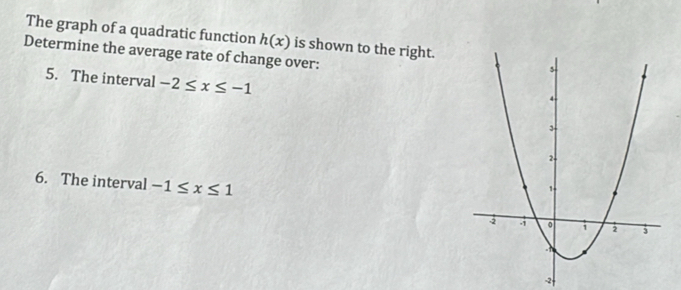 The graph of a quadratic function h(x) is shown to the right. 
Determine the average rate of change over: 
5. The interval -2≤ x≤ -1
6. The interval -1≤ x≤ 1
-2