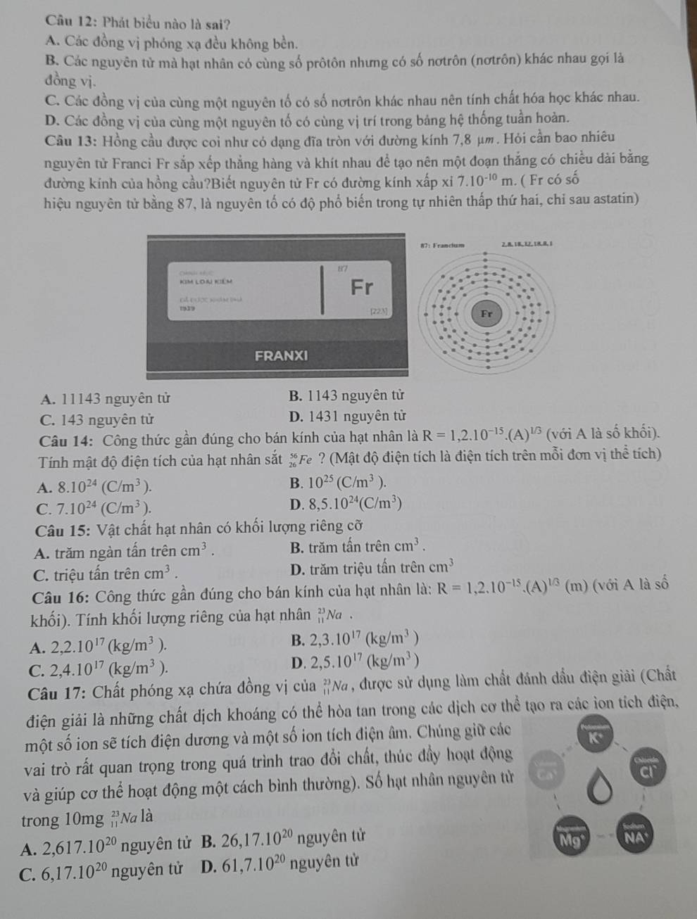 Phát biểu nào là sai?
A. Các đồng vị phóng xạ đều không bền.
B. Các nguyên tử mà hạt nhân có cùng số prôtôn nhưng có số nơtrôn (nơtrôn) khác nhau gọi là
đồng vị.
C. Các đồng vị của cùng một nguyên tố có số nơtrôn khác nhau nên tính chất hóa học khác nhau.
D. Các đồng vị của cùng một nguyên tố có cùng vị trí trong bảng hệ thống tuần hoàn.
Câu 13: Hồng cầu được coi như có dạng đĩa tròn với đường kính 7,8 μm. Hỏi cần bao nhiêu
nguyên tử Franci Fr sắp xếp thẳng hàng và khít nhau để tạo nên một đoạn thắng có chiều dài bằng
đường kính của hồng cầu?Biết nguyên tử Fr có đường kính xấp xỉ 7.10^(-10)m ( Fr có số
hiệu nguyên tử bằng 87, là nguyên tố có độ phổ biến trong tự nhiên thấp thứ hai, chỉ sau astatin)
A. 11143 nguyên tử B. 1143 nguyên tử
C. 143 nguyên tử D. 1431 nguyên tử
Câu 14: Công thức gần đúng cho bán kính của hạt nhân là R=1,2.10^(-15).(A)^1/3 (với A là số khối).
Tính mật độ điện tích của hạt nhân sắt *Fe ? (Mật độ điện tích là điện tích trên mỗi đơn vị thể tích)
A. 8.10^(24)(C/m^3). B. 10^(25)(C/m^3).
C. 7.10^(24)(C/m^3). D. 8,5.10^(24)(C/m^3)
Câu 15: Vật chất hạt nhân có khối lượng riêng cỡ
A. trăm ngàn tấn trên cm^3. B. trăm tấn trên cm^3.
C. triệu tấn trên cm^3. D. trăm triệu tấn trên cm^3
* Câu 16: Công thức gần đúng cho bán kính của hạt nhân là: R=1,2.10^(-15).(A)^1/3(m) (với A là số
khối). Tính khối lượng riêng của hạt nhân beginarrayr 23 11endarray √a .
B.
A. 2,2.10^(17)(kg/m^3). 2,3.10^(17)(kg/m^3)
C. 2,4.10^(17)(kg/m^3).
D. 2,5.10^(17)(kg/m^3)
Câu 17: Chất phóng xạ chứa đồng vị của #Na, được sử dụng làm chất đánh đầu điện giải (Chất
điện giải là những chất dịch khoáng có thể hòa tan trong các dịch cơ thể tạo ra các ion tích điện,
một số ion sẽ tích điện dương và một số ion tích điện âm. Chúng giữ các
vai trò rất quan trọng trong quá trình trao đổi chất, thúc đầy hoạt động
và giúp cơ thể hoạt động một cách bình thường). Số hạt nhân nguyên tử
trong 10mg (Na là
A. 2,617.10^(20)nguyhat en tử B. 26,17.10^(20) 1 nguyên tử 
C. 6,17.10^(20)ngu yên t r D. 61,7.10^(20) nguyên từ