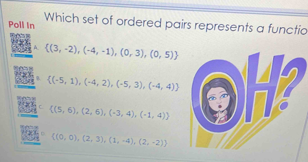 Which set of ordered pairs represents a functio
Poll In
A.  (3,-2),(-4,-1),(0,3),(0,5)
B.  (-5,1),(-4,2),(-5,3),(-4,4)
C.  (5,6),(2,6),(-3,4),(-1,4)
D.  (0,0),(2,3),(1,-4),(2,-2)