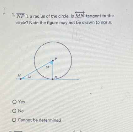 overline NP is a radius of the circle. Is overleftrightarrow MN tangent to the
circle? Note the figure may not be drawn to scale.
Yes
No
Cannot be determined