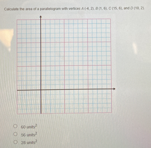 Calculate the area of a parallelogram with vertices A(-4,2), B(1,6), C(15,6) , and D(10,2).
60units^2
56units^2
28units^2