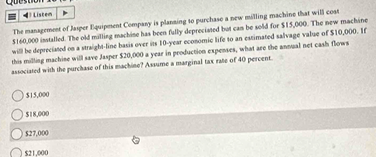 Question
Listen
The management of Jasper Equipment Company is planning to purchase a new milling machine that will cost
$160,000 installed. The old milling machine has been fully depreciated but can be sold for $15,000. The new machine
will be depreciated on a straight-line basis over its 10-year economic life to an estimated salvage value of $10,000. If
this milling machine will save Jasper $20,000 a year in production expenses, what are the annual net cash flows
associated with the purchase of this machine? Assume a marginal tax rate of 40 percent.
$15,000
$18,000
$27,000
$21,000