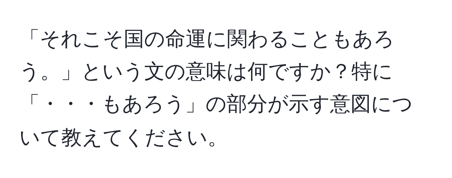 「それこそ国の命運に関わることもあろう。」という文の意味は何ですか？特に「・・・もあろう」の部分が示す意図について教えてください。