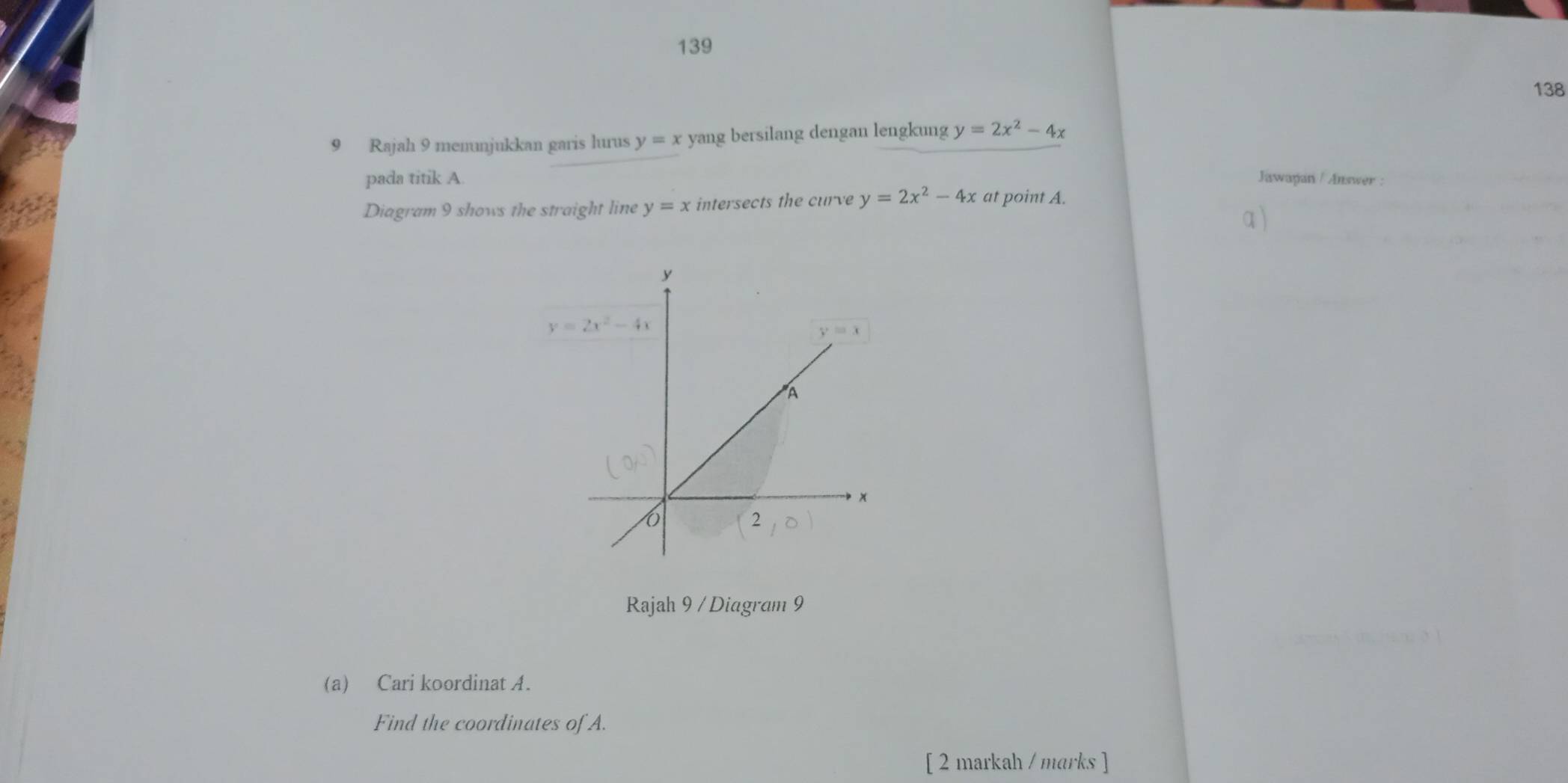 139
138
9 Rajah 9 menunjukkan garis lurus y=x yang bersilang dengan lengkung y=2x^2-4x
pada titik A. Jawapan / Answer :
Diagram 9 shows the straight line y=x intersects the curve y=2x^2-4x at point A.
q)
Rajah 9 / Diagram 9
(a) Cari koordinat A.
Find the coordinates of A.
[ 2 markah / marks ]