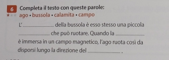 Completa il testo con queste parole: 
* 
ago • bussola • calamita • campo 
L_ della bussola è esso stesso una piccola 
_che può ruotare. Quando la_ 
è immersa in un campo magnetico, l'ago ruota cosí da 
disporsi lungo la direzione del_