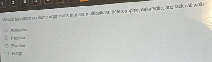 1 2 3 4
Which kingdom contains organisms that are multicellular, heterotrophic, eukaryotic, and lack cell walls?
Animalia
Protista
Plaritae
Fungi