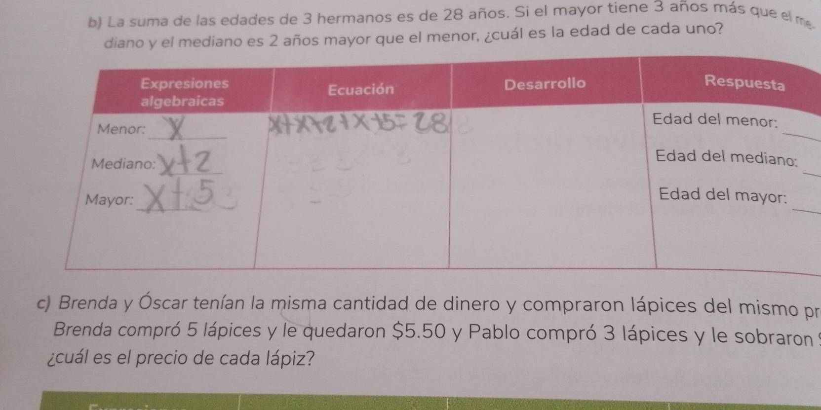 La suma de las edades de 3 hermanos es de 28 años. Si el mayor tiene 3 años más que el m 
diano y el mediano es 2 años mayor que el menor, ¿cuál es la edad de cada uno? 
_ 
c) Brenda y Óscar tenían la misma cantidad de dinero y compraron lápices del mismo pr 
Brenda compró 5 lápices y le quedaron $5.50 y Pablo compró 3 lápices y le sobraron y 
¿cuál es el precio de cada lápiz?