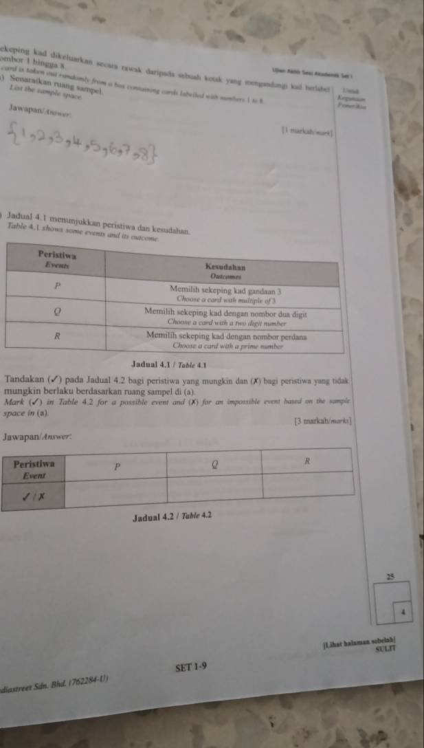 keping kad dikeluarkan secara rawak daripada sebush kotak yang mongandongi kad berlabei Uad
Uian Akthis Sst Akademék Ser i
ombor 1 hingga 8 card is takon out rundomly from a hax contusing cards labeiled with numbers I to t
) Senaraikan ruang sampel.
List the sample space
Kegunam
Foner tia
Jawapan//sawe
[l markah/work]
Jadual 4.1 menunjukkan peristiwa dan kesudahan.
Table 4.1 shows some events and
Jadual 4.1 / Table 4.1
Tandakan (✓) pada Jadual 4.2 bagi peristiwa yang mungkin dan (✗) bagi peristiwa yang tidak
mungkin berlaku berdasarkan ruang sampel di (a).
Mark (✔) in Table 4.2 for a possible event and (X) for an impossible event hased on the sample
space in (a)
[3 markah/marks]
Jawapan/Answer:
Jadual 4.2 / 
15
|Lihat halaman sobelnh|
SULIT
SET 1-9
diastreer Sdn. Bhd. (762284-U)