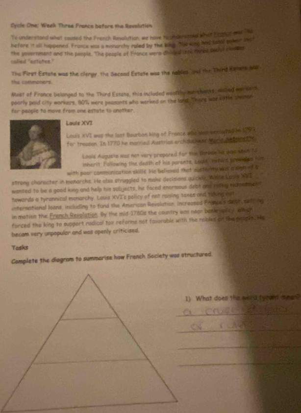 Cycle One; Week Three France before the Revolution 
To understand what coused the French Revalution, we have to understed what Ergdas at Re 
before it all hsppened. Frasce was a monarchy rated by the Wing. The ving has tatal gainr anst 
the government and the people. The people of France were chlded into tobe seciul cloadns 
called "estates." 
The First Estate was the clergy, the Second Estate was the nables and the Third Estats was 
the commoners. 
Most of France belonged to the Third Estate, this included wealthy aut chanks, shled wr watd 
poarly paid city workers, 80% were peasants who worked on the lond. There was li9tte phenen 
for people to move from one estate to another. 
Louis XVI 
Louis XVI was the lost Bourbon king of France aho was wooledtnd tn 1797 
for treason. In 1770 he married Austrias archoushen Mond an tu a 
Louis Auguste was not very prepared for thae throbe he wac shen 10
inherit Following the death of his parents, Louss nsors to mided fim 
with poor communication skills. He believed that austerrty was a sighnf s 
strong chareater in monarchs. He also struggled to make decisions quickly. While Loois XVI 
wanted to be a good king and help his subjects, he faced enormous debt and many edsetment 
towards a tyrannical monarchy. Louis XVI's policy of not raising taxes and tiking ou 
international leans, including to fund the American Revolation, Increased France s de oh wilting 
in motion the French Revolution. By the mid 1780s the country was neor bankriplcy, which 
forced the king to support radical tox reforms not favorable with the nobles on the people. He 
becam very unpopular and was openly criticised. 
Tasks 
Complete the diagram to summarise how French Society was structured. 
1) What does the wrd tyram meen? 
_ 
_ 
_ 
_