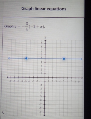 Graph linear equations 
Graph y=- 3/4 (-3+x). 
<