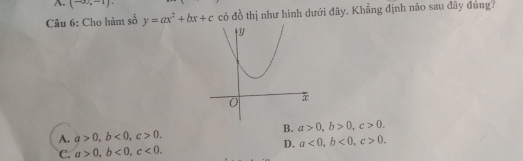 A. (-∈fty ,-1)
Câu 6: Cho hàm số y=ax^2+bx+c có đồ thị như hình dưới đây. Khẳng định nào sau đây đúng?
B. a>0, b>0, c>0.
A. a>0, b<0</tex>, c>0.
D. a<0</tex>, b<0</tex>, c>0.
C. a>0, b<0</tex>, c<0</tex>.