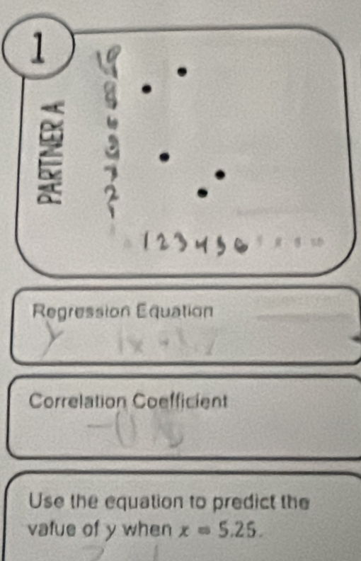 Regression Equation 
Correlation Coefficient 
Use the equation to predict the 
vafue of y when x=5.25.