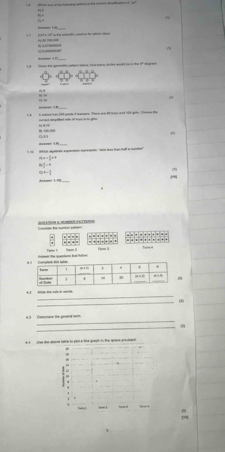 1.6 Which one of the following oplians is the correct simptification of
Al 2
C) 1 x
(1)
Answor: 1.6)_
t 7 2.67x 10" is the scientifc nolation for which value
A) 28 700 600
I1 2.670000000
C) 0,000000267 (1)
Answer: 1.71
1.8 Given the geometric pattern below, how many circles would be in the ia gram:
Al B
C1 1ª () 10 438
Answer: 1.8)
_
1.9 A school has 200 grade 8 leamers. Thers are 80 boys and 120 girls. Choose the
comect simplified rasio of boys is to gida:
B) 120:200 (1)
C) 2:3
Answer: 1.9
1.10 Which algebraic expression represents: "nine less than half a number
A) x- 1/3 * 9
B  x/3 -9
c 9- 1/2 
(1)
Aeswor: 1.10) [10]
QUESTION 4: NUMBERPATTERNS
Consider the number patiem:
  
* . . , . . . . ..
Term 1 Team 2 Temm 3 Torm 4
Answer the questions that follow
)
_
4.2 Write the rule in words.
_
(2)
_
4,3 Determine the general ferm
_
(2)
4.4 Use the above table to plot a line graph in the space provided:
(3)
[10]
5