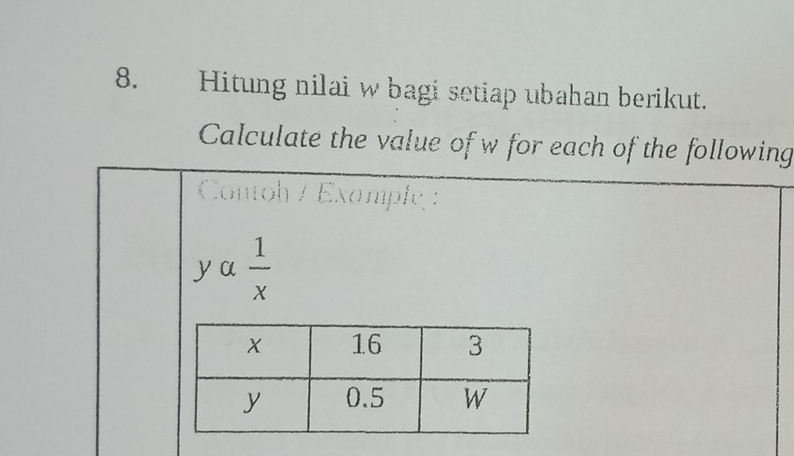 Hitung nilai w bagi setiap ubahan berikut. 
Calculate the value of w for each of the following 
Conoh / Example : 
ya  1/x 