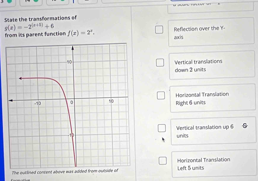 State the transformations of
g(x)=-2^((x+5))+6
from its parent function f(x)=2^x. Reflection over the Y -
axis
Vertical translations
down 2 units
Horizontal Translation
Right 6 units
Vertical translation up 6
units
Horizontal Translation
The outlined content above was added fr Left 5 units