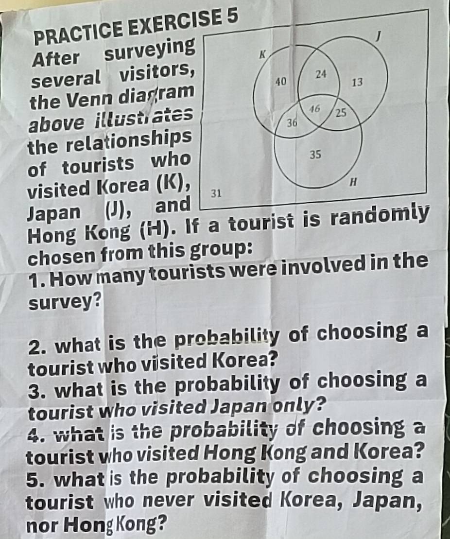 PRACTICE EXERCISE 5 
After surveying 
J
K
several visitors,
40 24
13
the Venn diagram 
above illustrates
46 25
36
the relationships 
of tourists who
35
visited Korea (K), 
H
31
Japan (J), and 
Hong Kong (H). If a tourist is randomly 
chosen from this group: 
1. How many tourists were involved in the 
survey? 
2. what is the probability of choosing a 
tourist who visited Korea? 
3. what is the probability of choosing a 
tourist who visited Japan only? 
4. what is the probability of choosing a 
tourist who visited Hong Kong and Korea? 
5. what is the probability of choosing a 
tourist who never visited Korea, Japan, 
nor Hong Kong?