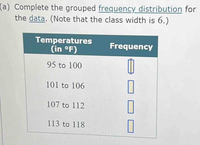 Complete the grouped frequency distribution for 
the data. (Note that the class width is 6.) 
Temperatures Frequency
(in°F)
95 to 100
101 to 106
□
107 to 112
113 to 118