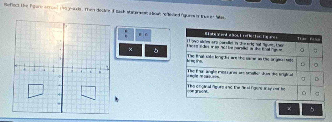 Reflect the figure across the y-axis. Then decide if each statement about reflected figures is true or false.

b R A
R 
× 


×