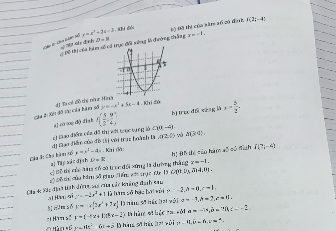 b) Đồ thị của hàm số có đỉnh I(2;-4)
Câu 1: Cho hàm số y=x^2+2x-3. Khi đó:
a) Tập xác định D=R
c) Đồ thị của hàm số cđối xứng là đường thầng x=-1.
d) Ta có đồ thị như Hìn
Câu 2: Xét đồ thị của hàm số y=-x^2+5x-4. Khi đó:
a) có toạ độ đỉnh I( 5/2 ; 9/4 ) b) trục đối xứng là x= 5/2 .
c) Giao điểm của đồ thị với trục tung là C(0;-4).
d) Giao điểm của đồ thị với trục hoành là A(2;0) và B(3;0).
Câu 3: Cho hàm số y=x^2-4x. Khi đó:
a) Tập xác định D=R b) Đồ thị của hàm số có đỉnh I(2;-4)
c) Đồ thị của hàm số có trục đối xứng là đường thẳng x=-1.
d) Đồ thị của hàm số giao điểm với trục Ox là O(0;0),B(4;0).
Câu 4: Xác định tính đúng, sai của các khẳng định sau
a) Hàm số y=-2x^2+1 là hàm số bậc hai với a=-2,b=0,c=1.
b) Hàm số y=-x(3x^2+2x) là hàm số bậc hai với a=-3,b=2,c=0.
c) Hàm số y=(-6x+1)(8x-2) là hàm số bậc hai với a=-48,b=20,c=-2.
d) Hàm số y=0x^2+6x+5 là hàm số bậc hai với a=0,b=6,c=5.