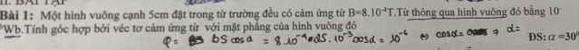 Một hình vuông cạnh 5cm đặt trong từ trường đều có cảm ứng từ B=8.10^(-4)T *Từ thông qua hình vuông đó bằng 10
*Wb.Tính góc hợp bởi véc tơ cảm ứng từ với mặt phẳng của hình vuông đó DS: alpha =30°