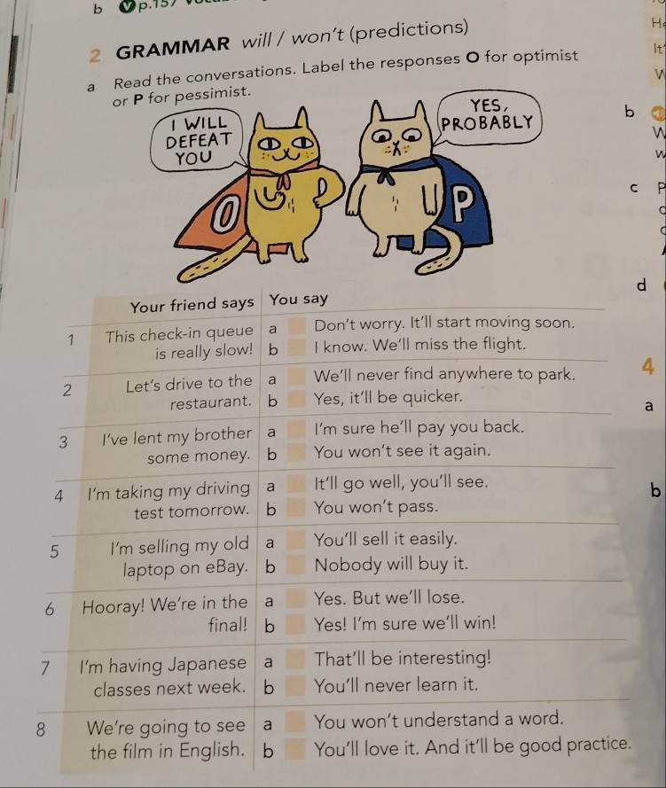 157 
2 GRAMMAR will / won't (predictions) 
H 
a Read the conversations. Label the responses O for optimist It 
W 
b ③ 
W 
W 
c P 
d 
4 
a 
b