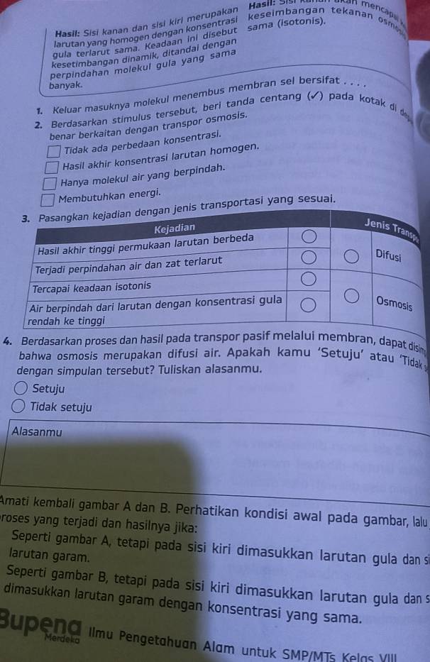 Hasil: Sisi kanan dan sisi kirl merupakan Hasil: ši mencap 
larutan yang homogen dengan konsentrasi keseimbangan tekanan osm
gula terlarut sama. Keadaan ini disebut sama (İsotonis).
kesetimbangan dinamik, ditandai dengan
perpindahan molekul gula yang sama
banyak.
1. Keluar masuknya molekul menembus membran sel bersifat . . .
2. Berdasarkan stimulus tersebut, beri tanda centang (✓) pada kotak di de
benar berkaitan dengan transpor osmosis.
Tidak ada perbedaan konsentrasi.
Hasil akhir konsentrasi larutan homogen.
Hanya molekul air yang berpindah.
Membutuhkan energi.
ansportasi yang sesuai.
4. Berdasarkan proses dan hasil pada tranbran, dapat disim
bahwa osmosis merupakan difusi air. Apakah kamu ‘Setuju’ atau ‘Tidak
dengan simpulan tersebut? Tuliskan alasanmu.
Setuju
Tidak setuju
Alasanmu
Amati kembali gambar A dan B. Perhatikan kondisi awal pada gambar, lalu
proses yang terjadi dan hasilnya jika:
Seperti gambar A, tetapi pada sìsi kiri dimasukkan larutan gula dan s
larutan garam.
Seperti gambar B, tetapi pada sisi kiri dimasukkan larutan gula dan s
dimasukkan larutan garam dengan konsentrasi yang sama.
Bupena Ilmu Pengetahuan Alam untuk SMP/MTs Kelas Vll,
Merdeko