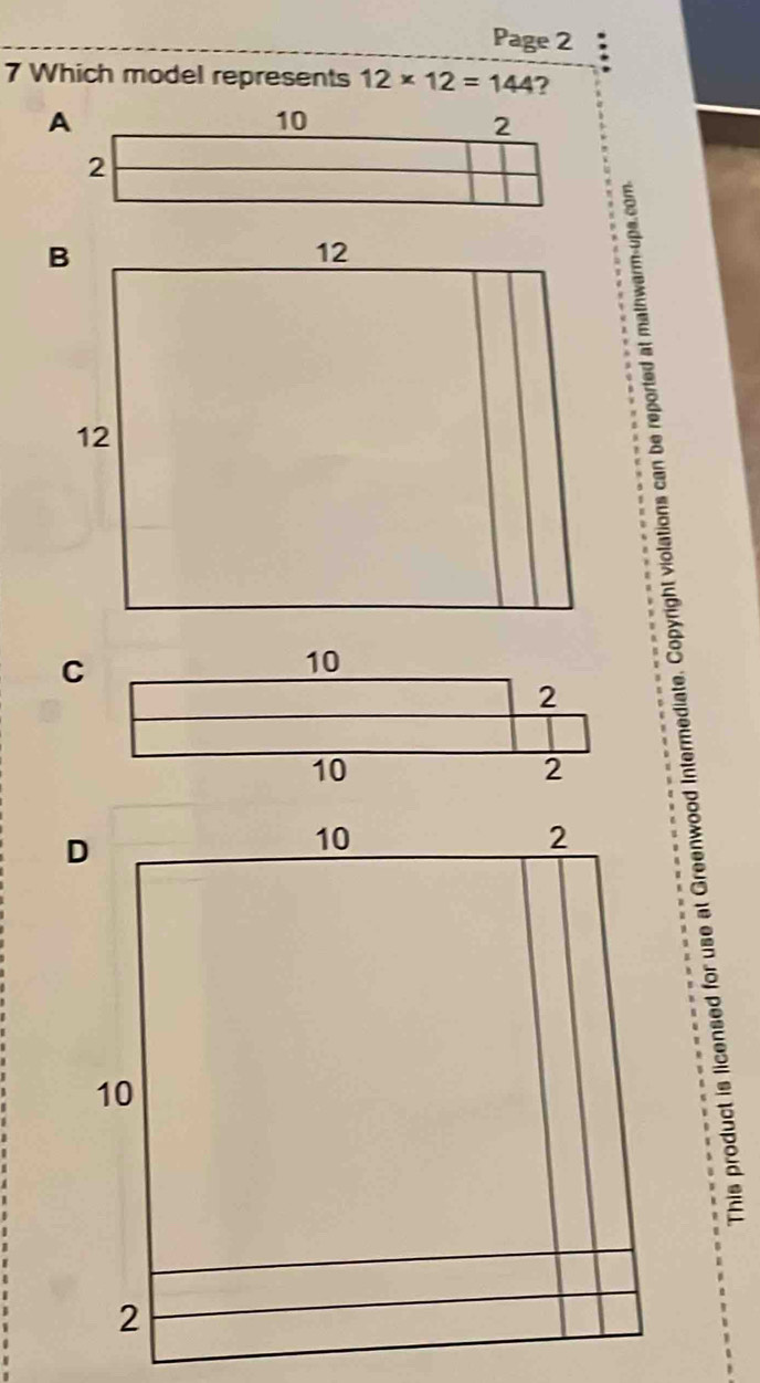 Page 2 
7 Which model represents 12* 12=144 ?