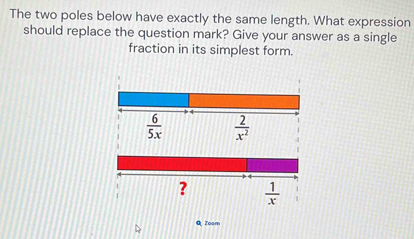 The two poles below have exactly the same length. What expression
should replace the question mark? Give your answer as a single
fraction in its simplest form.
Q Zoom