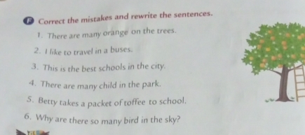 Correct the mistakes and rewrite the sentences. 
1. There are many orange on the trees. 
2. I like to travel in a buses. 
3. This is the best schools in the city. 
4. There are many child in the park. 
5. Betty takes a packet of toffee to school. 
6. Why are there so many bird in the sky?