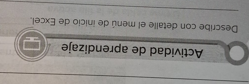 Actividad de aprendizaje 
Describe con detalle el menú de inicio de Excel. 
_