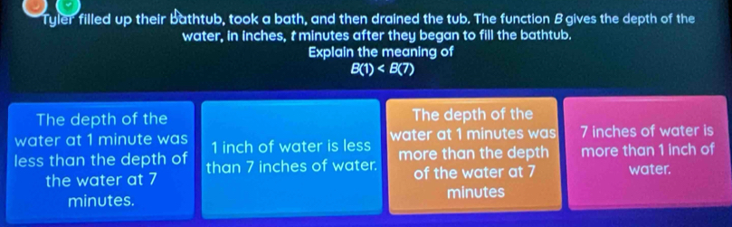 Tyler filled up their bathtub, took a bath, and then drained the tub. The function B gives the depth of the
water, in inches, t minutes after they began to fill the bathtub.
Explain the meaning of
B(1)
The depth of the The depth of the
water at 1 minute was 1 inch of water is less water at 1 minutes was 7 inches of water is
less than the depth of than 7 inches of water. more than the depth more than 1 inch of
the water at 7 of the water at 7 water.
minutes. minutes