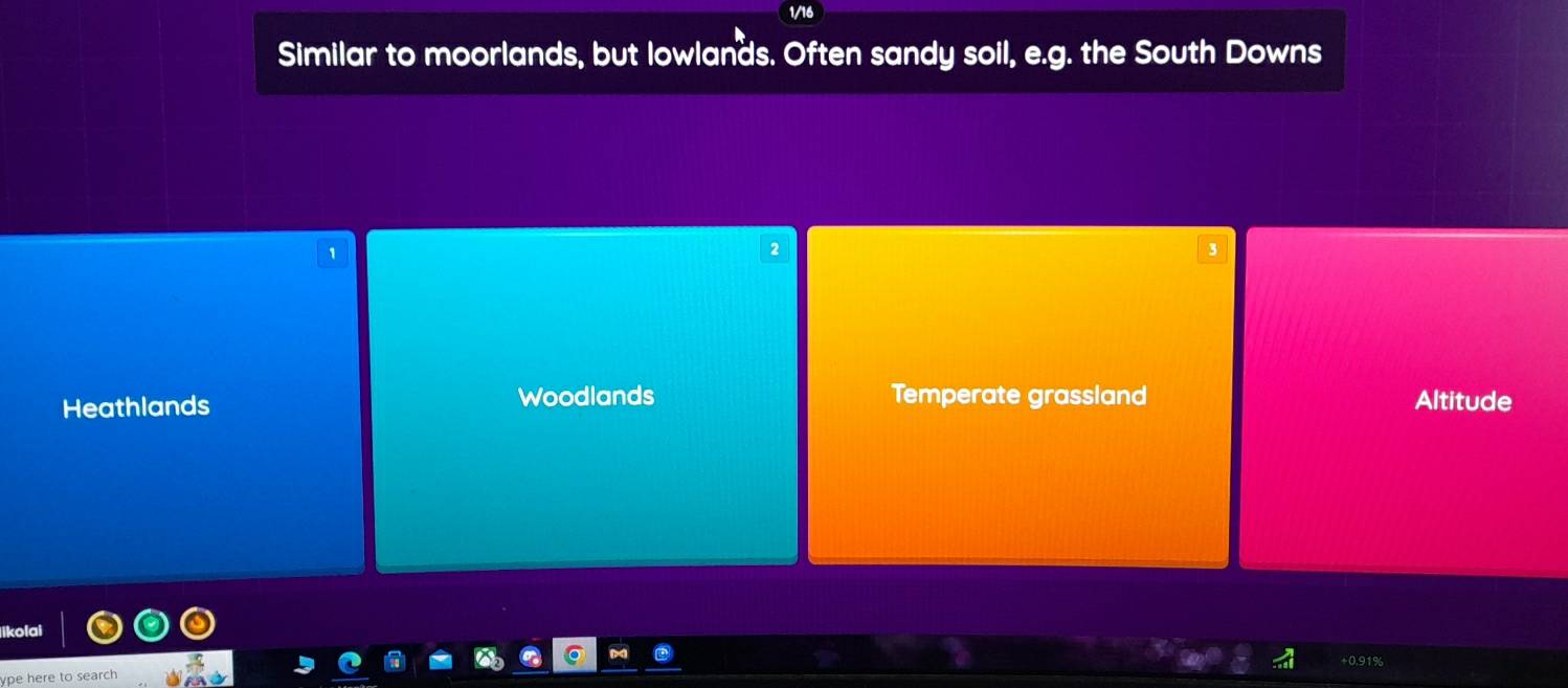 Similar to moorlands, but lowlands. Often sandy soil, e.g. the South Downs
Heathlands Woodlands Temperate grassland Altitude
+0,91%
ype here to search