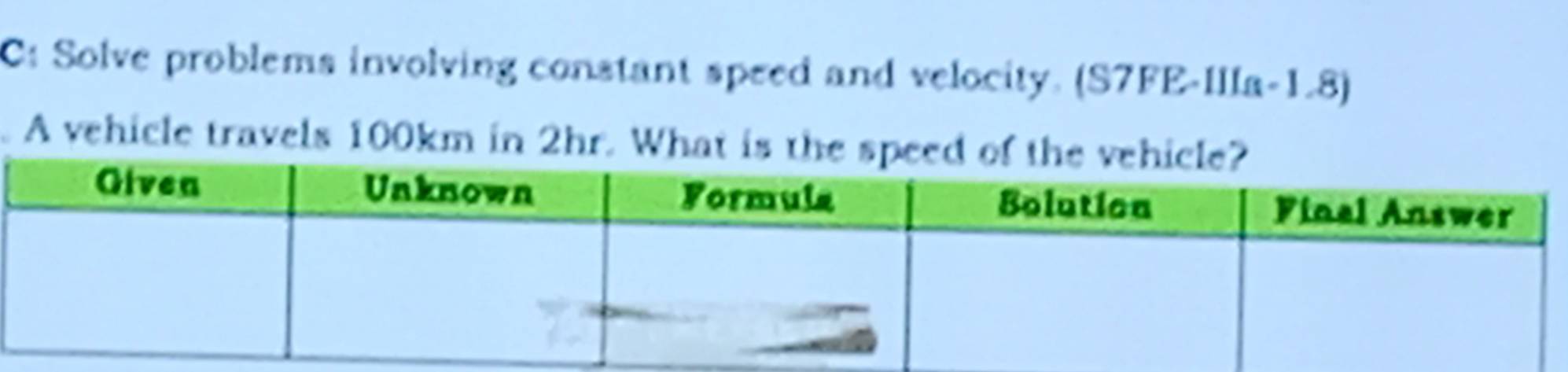 C: Solve problems involving constant speed and velocity. (S7FE-IIIa-1.8) 
A vehicle travels 100km in 2hr. What is the speed of the