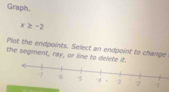 Graph.
x≥ -2
Plot the endpoints. Select an endpoint to change 
the segment, ray, or line to delete it.