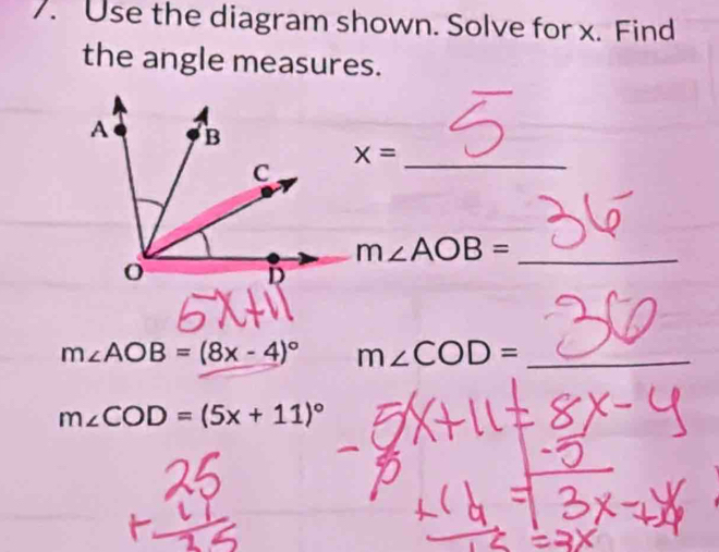 Solved: Use the diagram shown. Solve for x. Find the angle measures. x ...