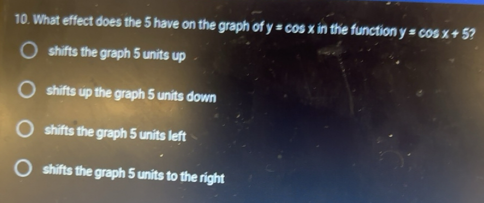 Solved: What effect does the 5 have on the graph of y=cos x in the ...