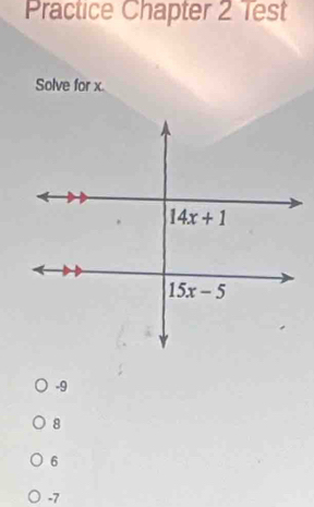 Practice Chapter 2 Test
Solve for x.
-9
8
6
-7