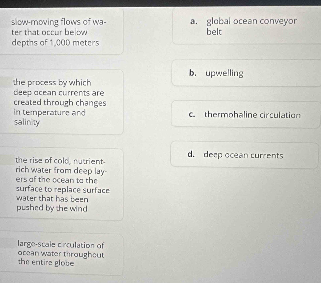 slow-moving flows of wa- a. global ocean conveyor
ter that occur below belt
depths of 1,000 meters
b. upwelling
the process by which
deep ocean currents are
created through changes
in temperature and c. thermohaline circulation
salinity
d. deep ocean currents
the rise of cold, nutrient-
rich water from deep lay-
ers of the ocean to the
surface to replace surface
water that has been
pushed by the wind
large-scale circulation of
ocean water throughout
the entire globe
