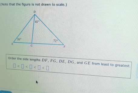 (Note that the figure is not drawn to scale.)
Order the side lengths DF, FG, DE, DG, and GE from least to greatest.
□