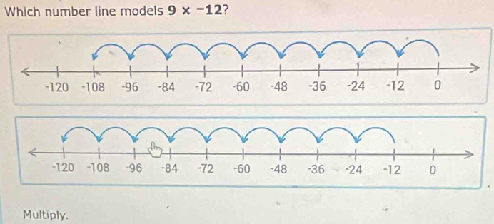 Which number line models 9* -12 7 
Multiply.