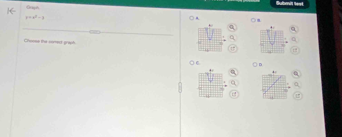 Graph Submit test
y=x^2-3
A. 
B. 
Choose the correct graph. 

C. 
D. 
a A y
10
15
B