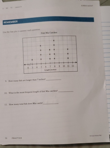 A TC Lesson ? 
REMEMBER 
Use the line plot to answer each question 
Fish Mia Catches
x
+ x
x x x x
x x x x
x x x x +
0 3 4 5 6 , 8 9 10 11 12
Length (inches) 
9. How many fish are longer than 7 inches?_ 
10. What is the most frequent length of fish Mia catches?_ 
11. How many total fish does Mia catch?_ 
70 PRACTICE © Grea Minto PBC