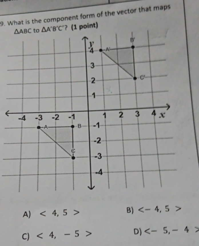 What is the component form of the vector that maps
A) <4,5> B)
C) <4,-5
D)