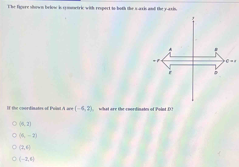 The figure shown below is symmetric with respect to both the x-axis and the y-axis.
If the coordinates of Point A are (-6,2) , what are the coordinates of Point D?
(6,2)
(6,-2)
(2,6)
(-2,6)