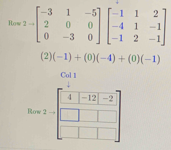 Row 2to beginbmatrix -3&1&-5 2&0&0 0&-3&0endbmatrix beginbmatrix -1&1&2 -4&1&-1 -1&2&-1endbmatrix
(2)(-1)+(0)(-4)+(0)(-1)
Col 1 
4 -12 -2
Row 2