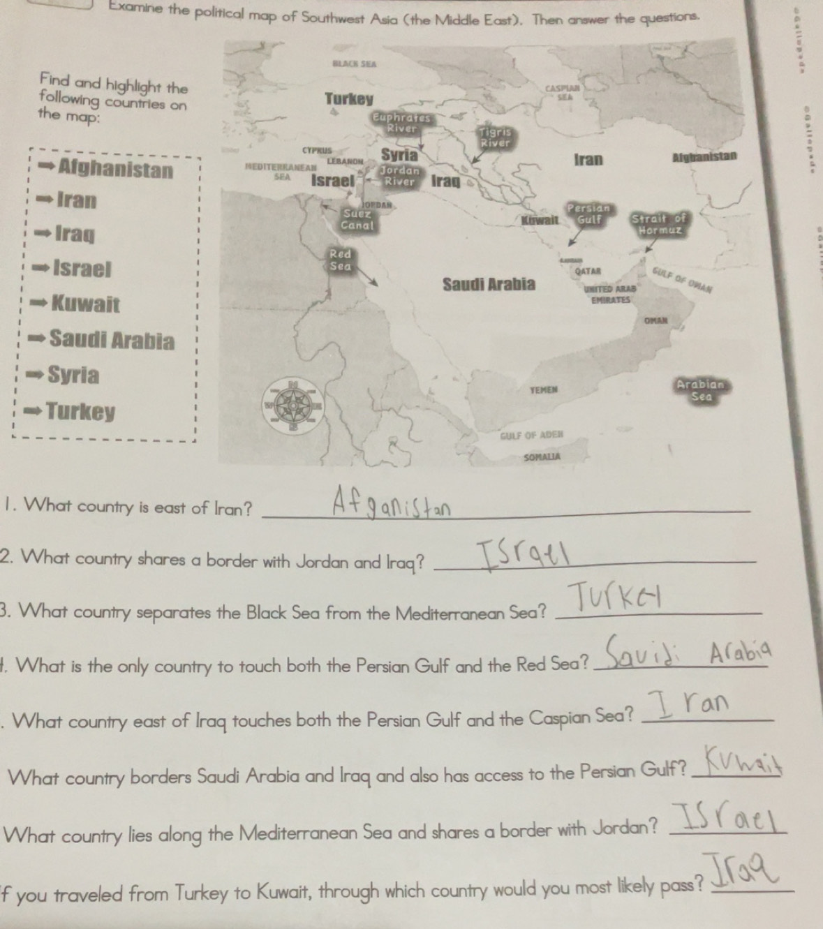 Solved: Examine the political map of Southwest Asia (the Middle East ...