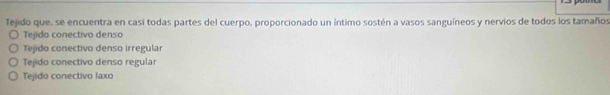 Tejdo que, se encuentra en casi todas partes del cuerpo, proporcionado un íntimo sostén a vasos sanguíneos y nervios de todos los tamaños
Tejido conectivo denso
Tejido conectivo denso irregular
Tejido conectivo denso regular
Tejido conectivo laxo
