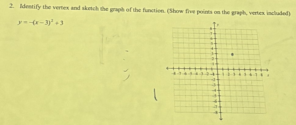 Identify the vertex and sketch the graph of the function. (Show five points on the graph, vertex included)
y=-(x-3)^2+3