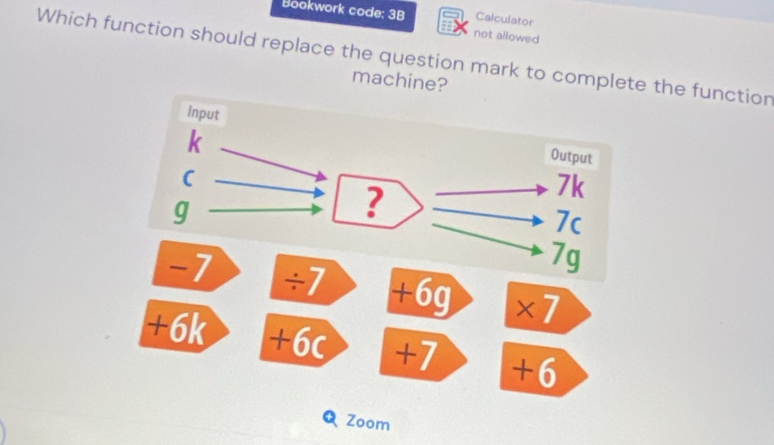 Calculator
Bookwork code: 3B not allowed
Which function should replace the question mark to complete the function
machine?
Input
k
Output
C
g
?
7k
7c
7g
-7 ÷7 +6g ×7
+6k +6c +7 +6
Q Zoom